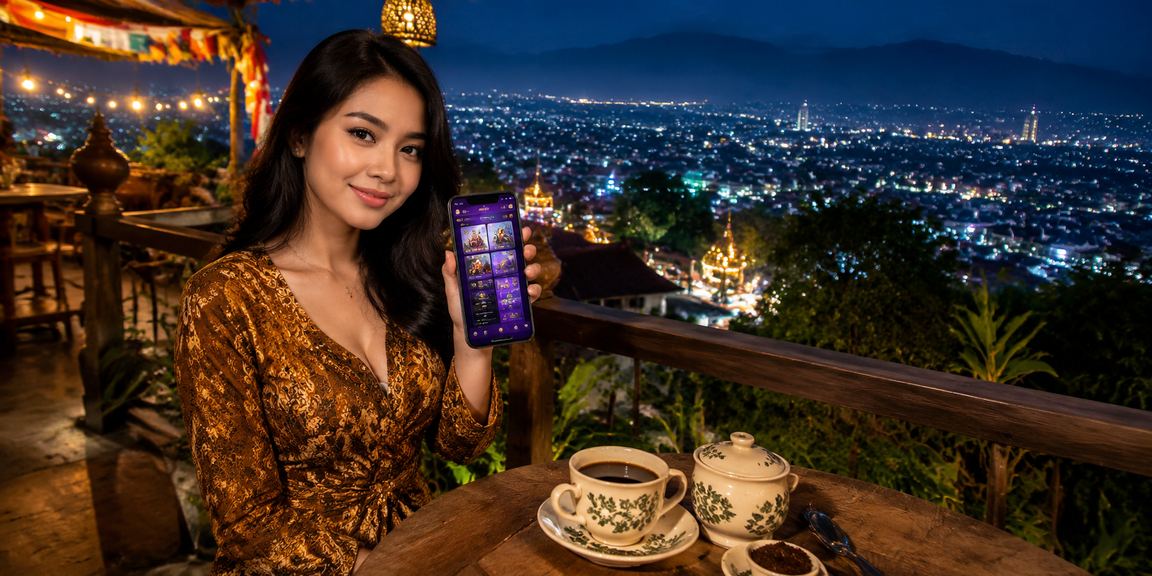 Pemain Vietnam membuka aplikasi kasino sambil menikmati kopi, menunjukkan akses mobile jackpot